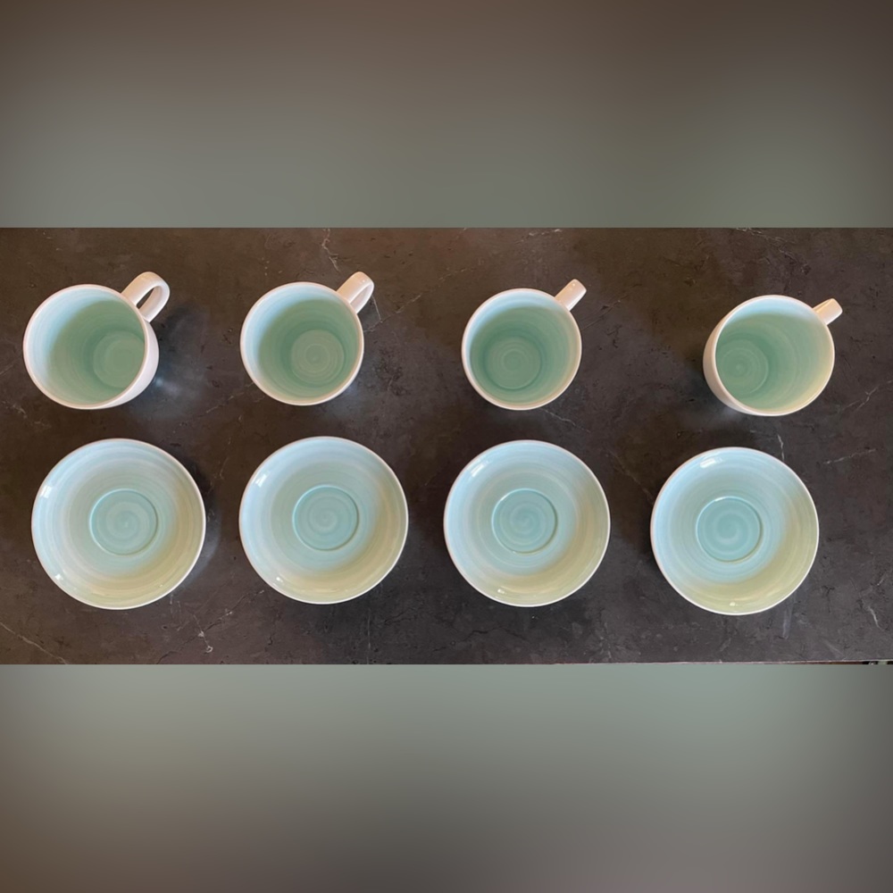 Set of 8 aqua / teal gradient teacups and saucers.